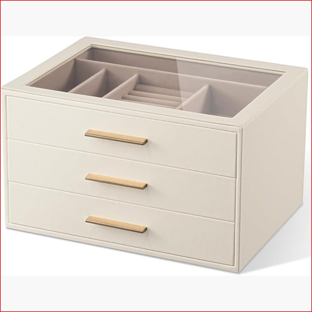3-Layer Jewelry Box Organizer with Glass Window, Faux Leather